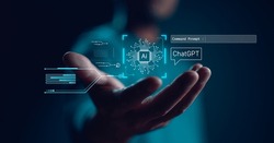 stock photo ai tech businessman show virtual graphic global internet connect chatgpt chat with ai artificial 2253228203